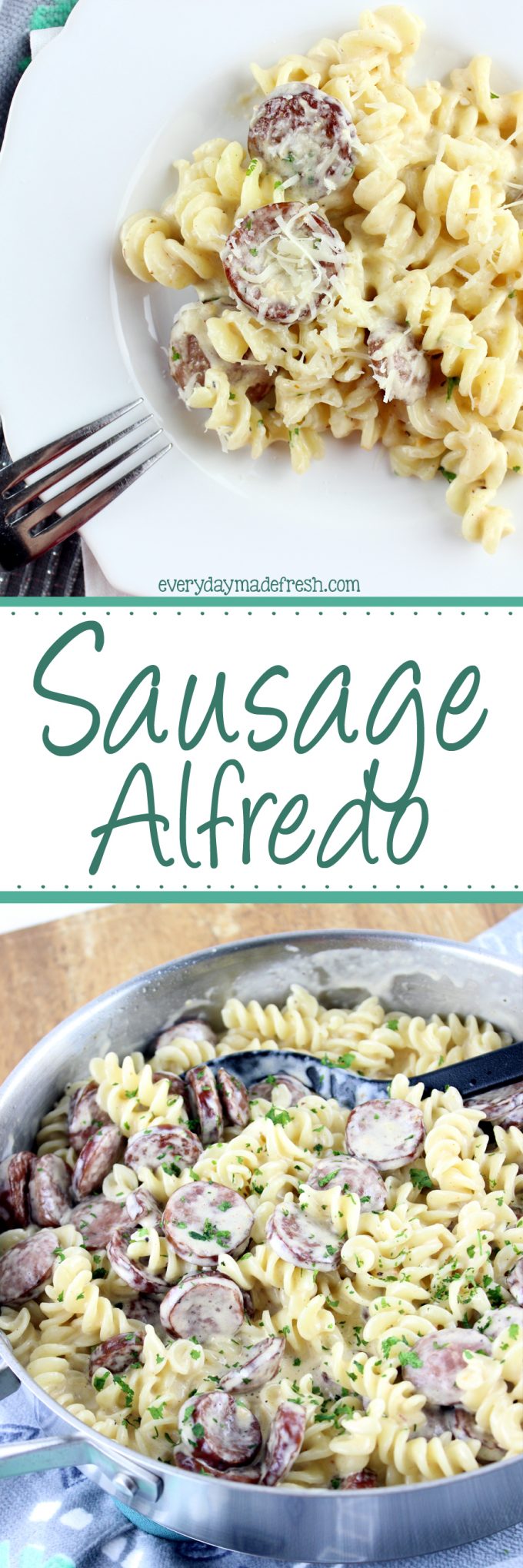 Creamy alfredo sauce, cajun seasoning, and smoked sausage make this Sausage Alfredo a dinner with 5 ingredients, and ready in less than 20 minutes. | EverydayMadeFresh.com