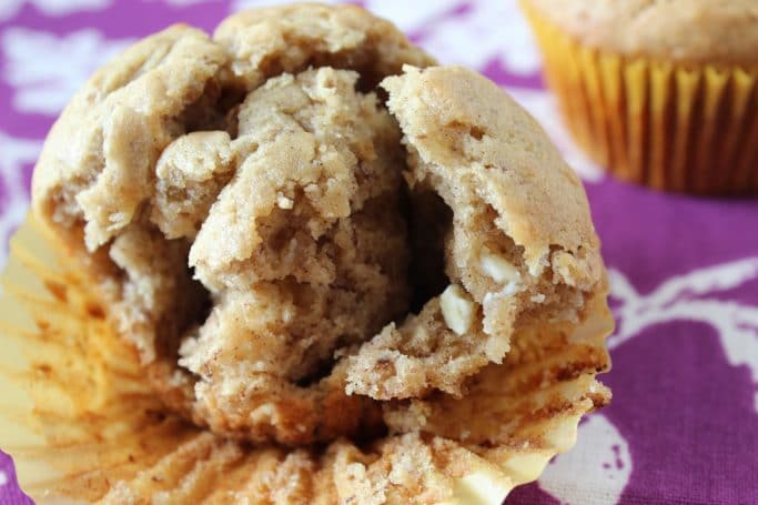 Cinnamon, white chocolate chips, and peanut butter come together in these peanut butter white chocolate chip muffins to make the best muffin!