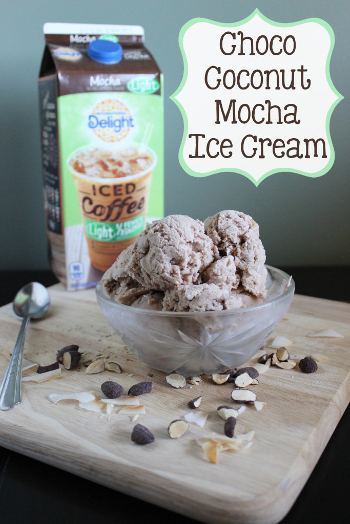 Cocoa covered almonds, toasted coconut flakes, and International Delight Iced Coffee Mocha Light, makes this Chocolate Coconut Mocha Ice Cream the perfect afternoon pick-me-up that reminds you of one of your favorite candy bars! | EverydayMadeFresh.com