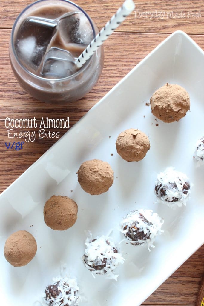 Created with cocoa dusted almonds, flakes of sweetened coconut, cocoa powder, vanilla, and sweetened with dates! These Coconut Almond Energy Bites are a simple no bake treat to enjoy without feeling guilty. | EverydayMadeFresh.com