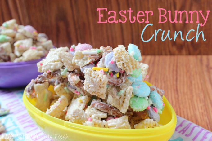 Rice cereal, salty pretzels, candy coated chocolate, pastel sprinkles, and melted white chocolate makes Easter Bunny Crunch; the perfect sweet and salty combination! | EverydayMadeFresh.com