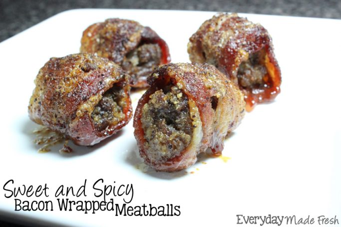 Sweet and Spicy Bacon Wrapped Meatballs are sweetened with brown sugar and spiced up with chili powder. There is no reason for the bacon, other than it's perfect! | EverydayMadeFresh.com