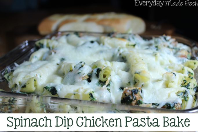 Spinach Dip is a party favorite! Now you can enjoy it for dinner in this yummy Spinach Dip Chicken Pasta Bake!