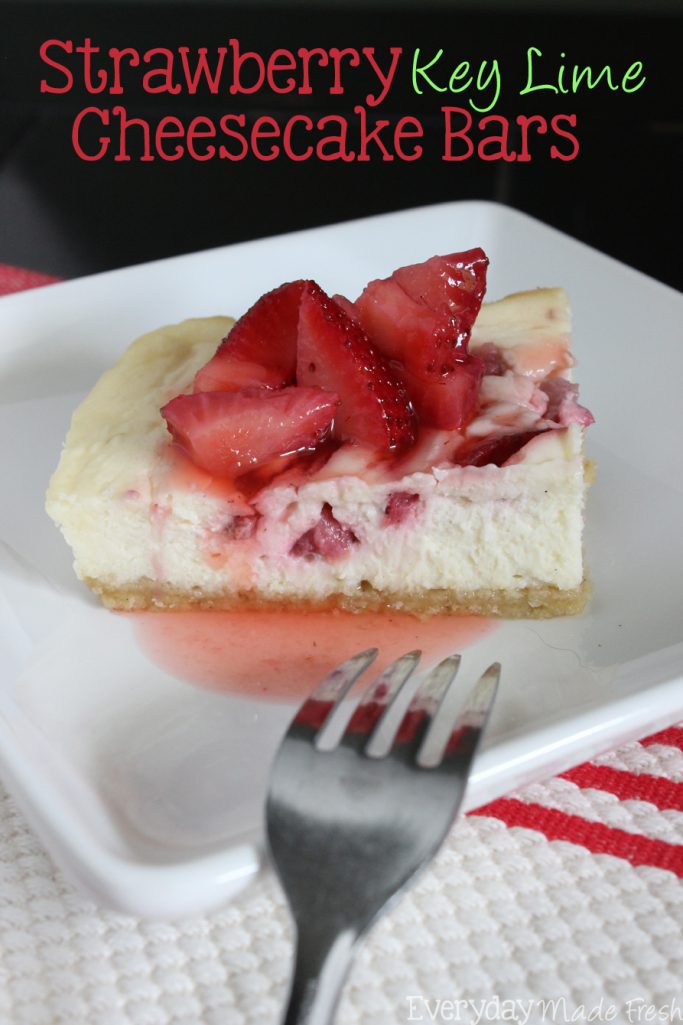 You're going to love the slightly tangy flavors of key lime mixed with the sweetness of the strawberries in these Strawberry Key Lime Cheesecake Bars! | EverydayMadeFresh.com