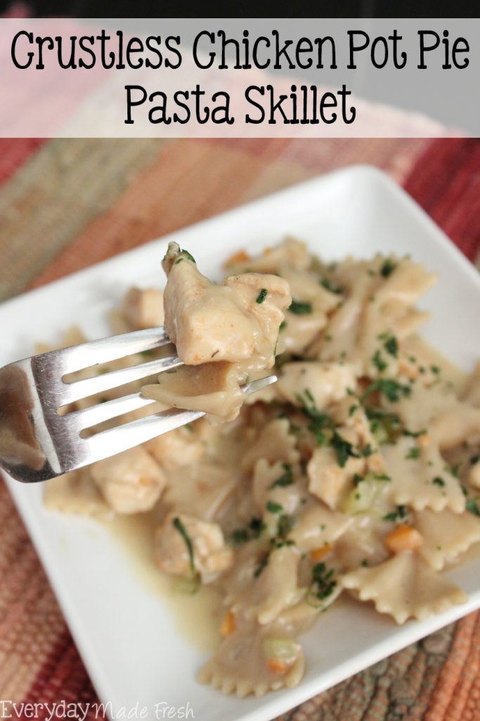 Crustless Chicken Pot Pie Pasta Skillet tastes like a pot pie that's been in the oven for hours. It's the perfect way to enjoy all the yumminess of a pot pie without the crust! | EverydayMadeFresh.com