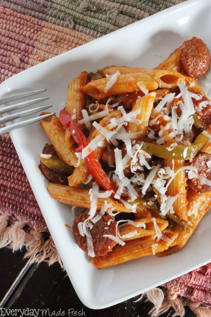 Italian Sausage, peppers, onion, pasta, and a tomato sauce come together to create this tasty Italian Sausage Pasta Skillet in under 30 minutes. | EverydayMadeFresh.com