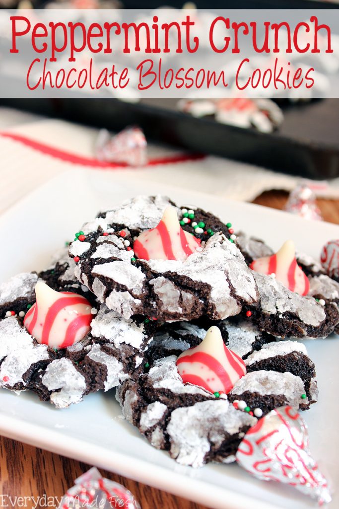 Soft and chewy with the perfect pop of mint flavor, these Peppermint Crunch Chocolate Blossom Cookies are delicious! | EverydayMadeFresh.com