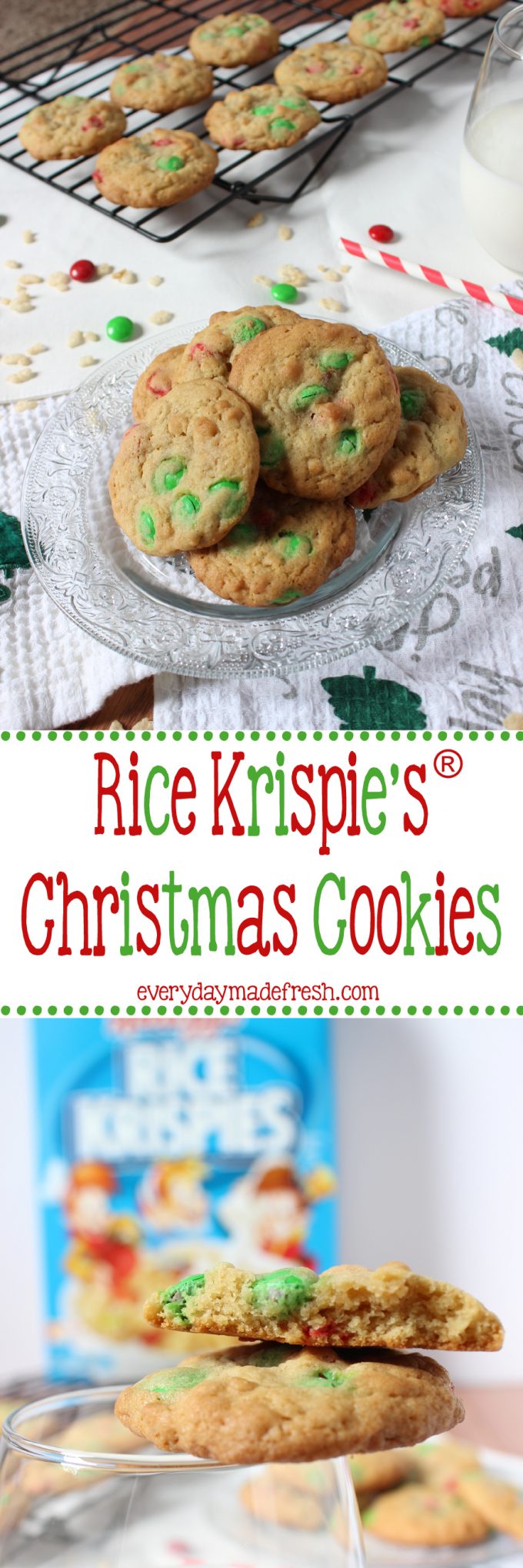 These Rice Krispies® Christmas Cookies have the perfect texture - soft, chewy, and crispy! With a hint of vanilla and candy coated chocolate candies, these make for a simple treat during the holidays. | EverydayMadeFresh.com