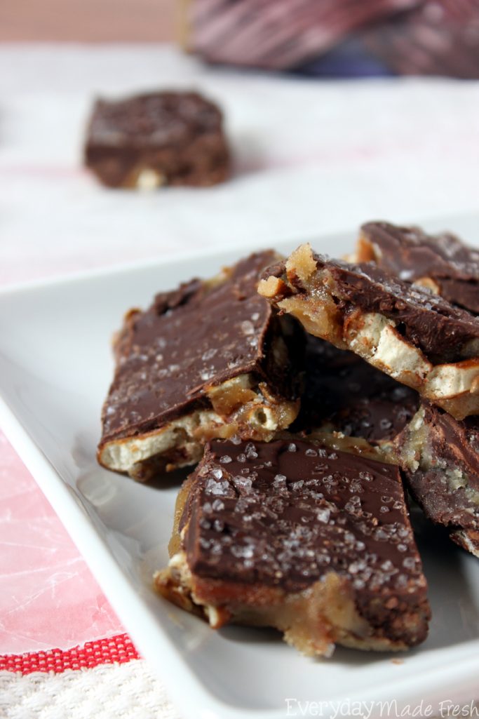Sweet, salty, crunchy, and chewy this Simple Salted Potato Chip Pretzel Toffee will have you coming back for more!  | EverydayMadeFresh.com