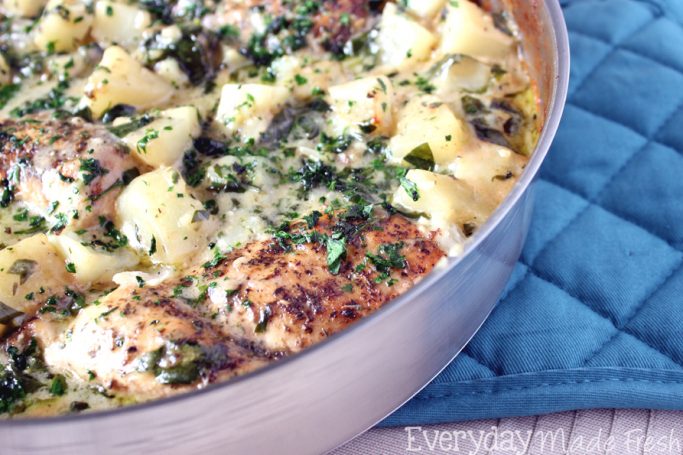 The perfect sauce always contains garlic. The perfect dinner is always cooked in one pan. This One Pan Chicken & Potatoes in a Creamy Garlic Sauce is perfection. | EverydayMadeFresh.com