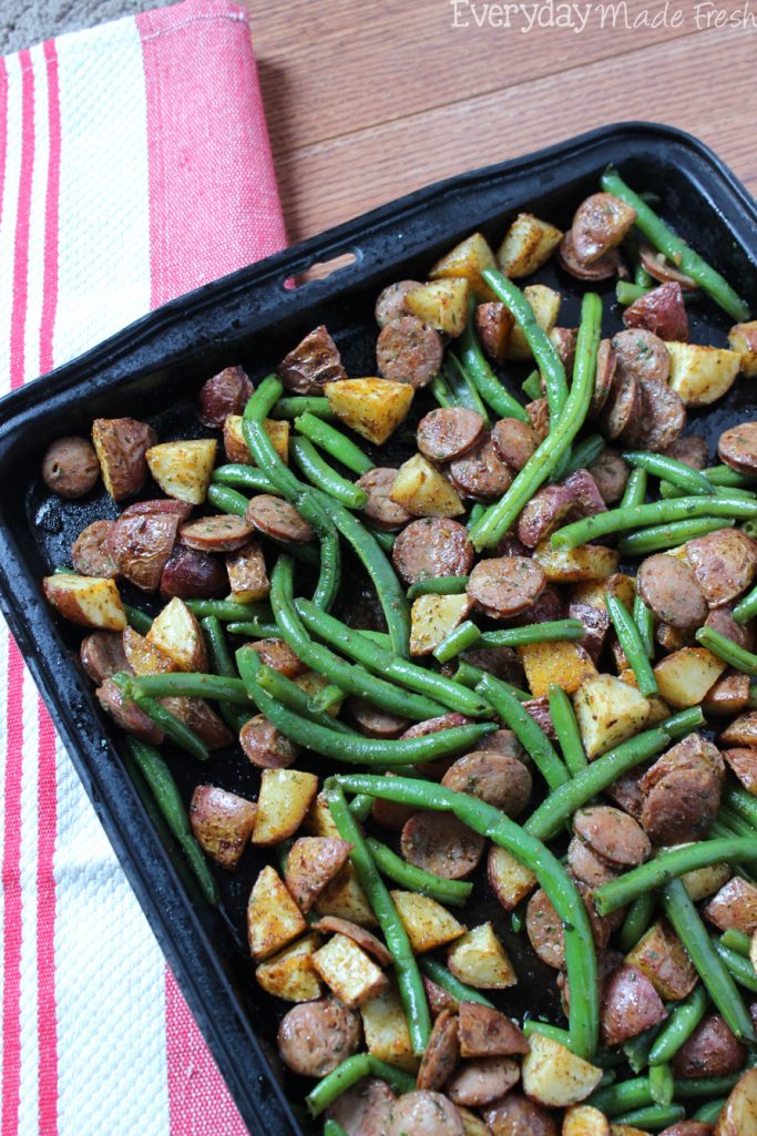 This One Pan Ranch Seasoned Sausage, Green Beans, and Potatoes is so simple and tastes so good! You'll love this easy meal any night of the week! | EverydayMadeFresh.com