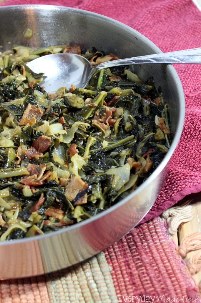 If I can make collard greens, you can too! Simple Southern Collard Greens are loaded with cabbage, thick-cut bacon, and spiced up just right.  | EverydayMadeFresh.com