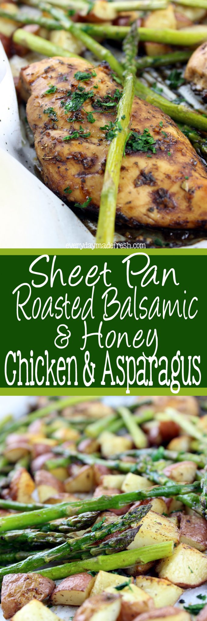 One pan meals are the way to go, and this sweet and tangy Sheet Pan Roasted Balsamic & Honey Chicken & Asparagus hits all the right taste buds! | EverydayMadeFresh.com