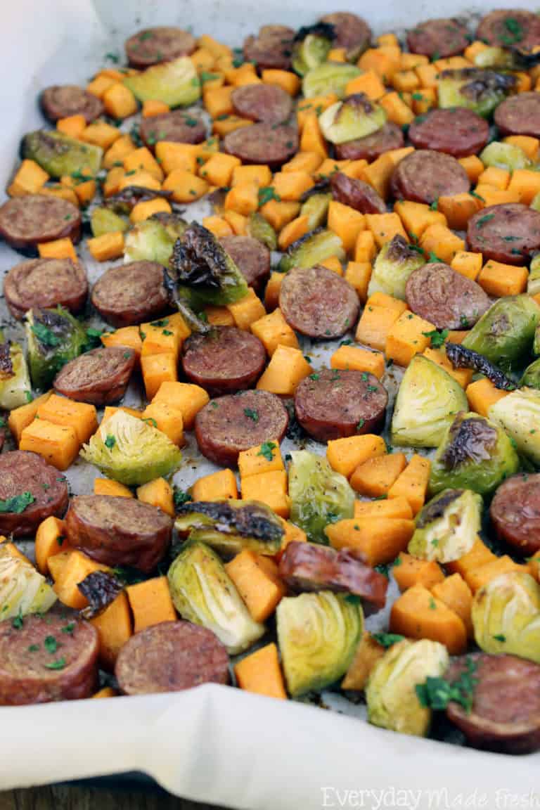 One Pan Sausage, Brussels Sprouts, & Sweet Potato Everyday Made Fresh