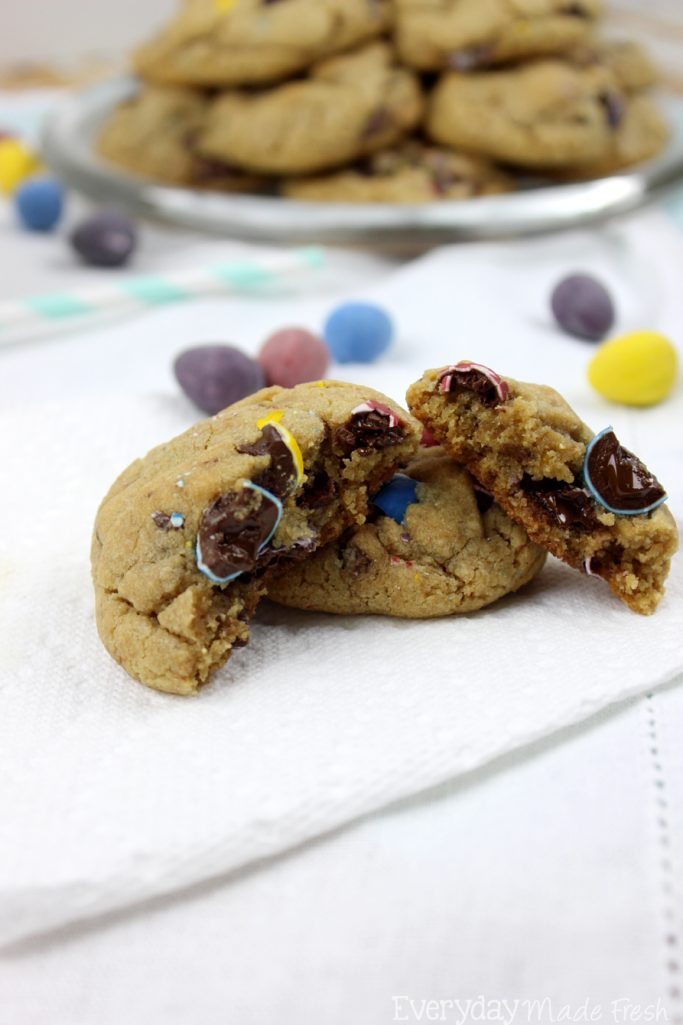If you love those delightful candy coated smooth chocolate eggs, then this is going to be the best cookie you've ever eaten. Peanut Butter Dark Chocolate Cadbury Mini Egg Cookies are seriously the most perfect cookie ever! | EverydayMadeFresh.com