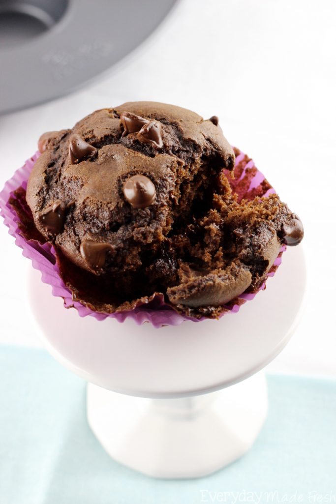 These Double Dark Chocolate Muffins are loaded with a rich dark chocolate flavor. You'll love the crumbly, moist texture, and find any reason to eat one! | EverydayMadeFresh.com