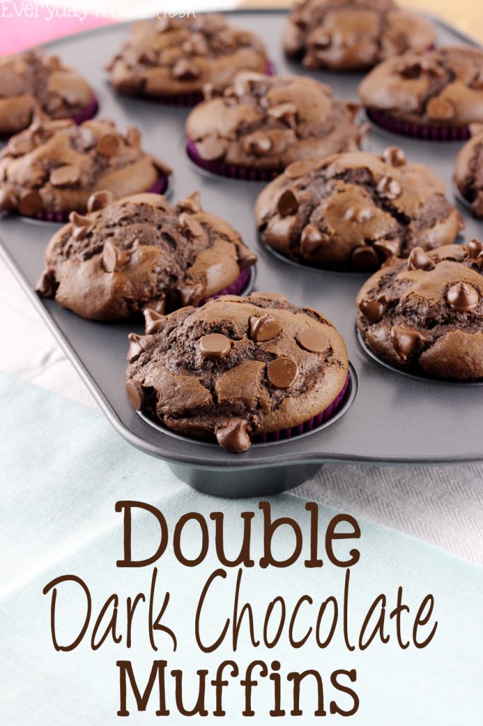 These Double Dark Chocolate Muffins are loaded with a rich dark chocolate flavor. You'll love the crumbly, moist texture, and find any reason to eat one! | EverydayMadeFresh.com