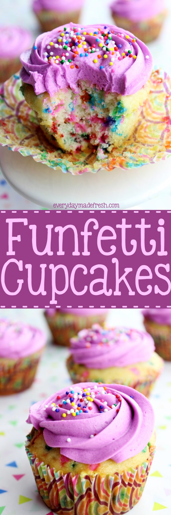 Sprinkles are all the rage, which means these Funfetti Cupcakes will be a hit at your next party! They are simple to make and the best part...they don't require a mixer! | EverydayMadeFresh.com