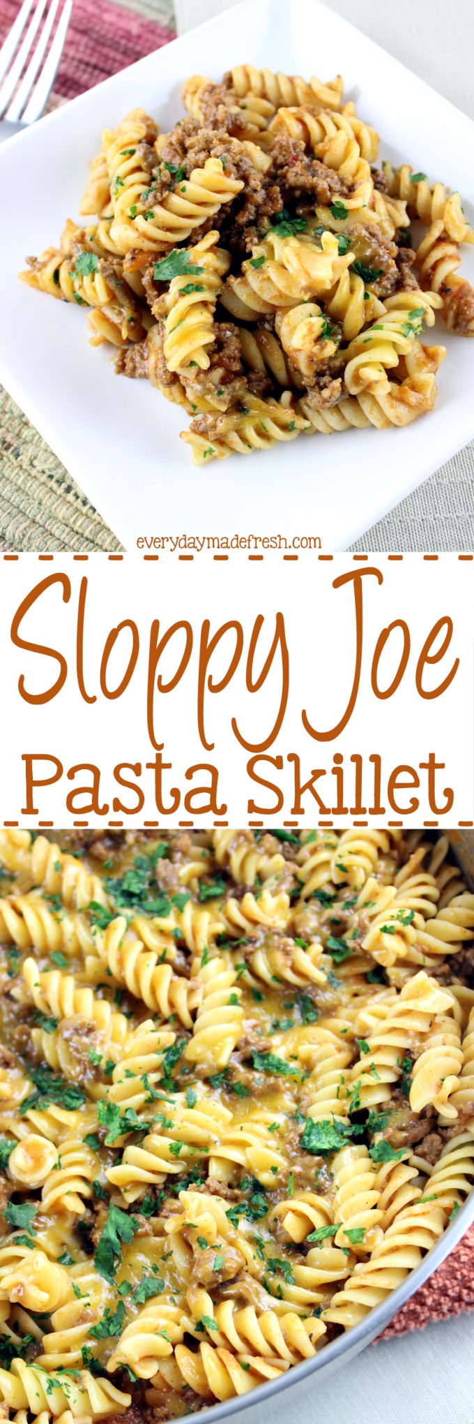 This Sloppy Joe Pasta Skillet is savory, comforting, and oh so tasty! Homemade sloppy joe sauce mixed with pasta, and topped with cheddar cheese; sure to satisfy any kid! | EverydayMadeFresh.com