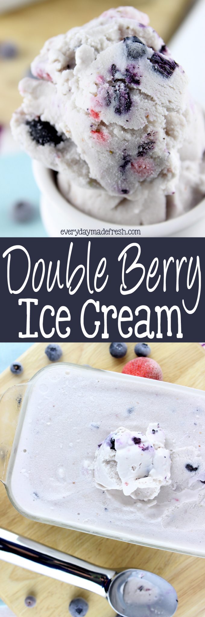 This Double Berry Ice Cream features a custard style base that gives you the perfect richness and texture. The double berries featured here are blueberries and strawberries, but feel free to use your favorites! | EverydayMadeFresh.com