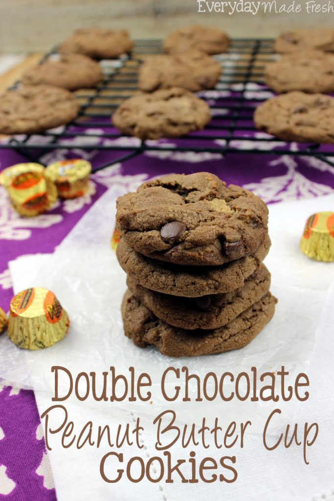 A chocolate chip cookie and a peanut butter cookie got married, and together they had these Double Chocolate Chip Peanut Butter Cup Cookies! It's a perfect match! | EverydayMadeFresh.com