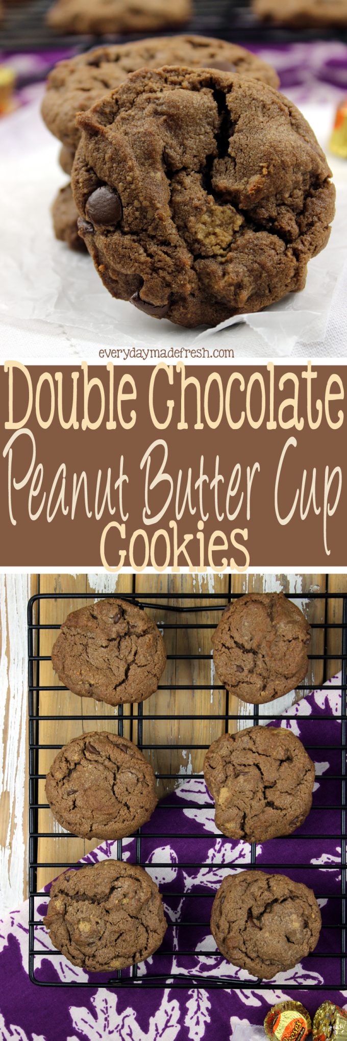 A chocolate chip cookie and a peanut butter cookie got married, and together they had these Double Chocolate Chip Peanut Butter Cup Cookies! It's a perfect match! | EverydayMadeFresh.com