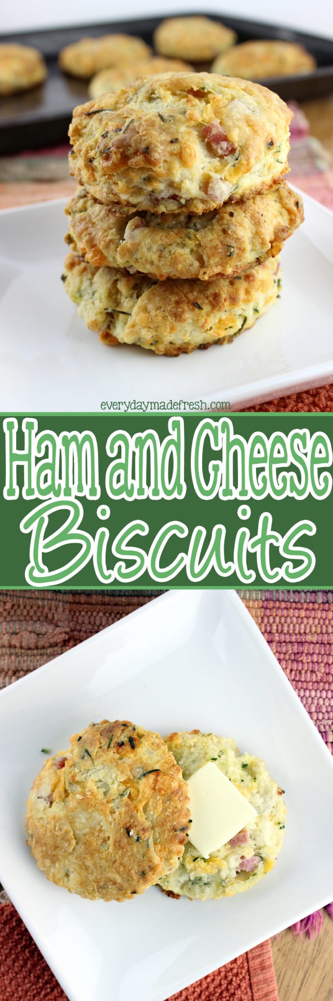 Who doesn't love a fluffy homemade buttermilk biscuit? Ok, so who wants a simple to make fluffy homemade buttermilk biscuit with chunks of ham and cheese? These Ham and Cheese Biscuits are everything you'd ever want in a biscuit! | EverydayMadeFresh.com