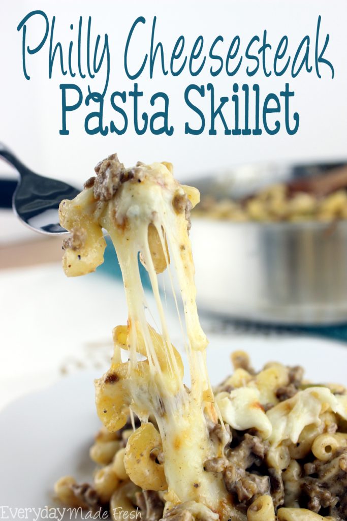 You're gonna love this Philly Cheesesteak Pasta Skillet!  All those flavors you love in a Philly Cheesesteak, but done in a mouthwatering comforting pasta dish.  | EverydayMadeFresh.com