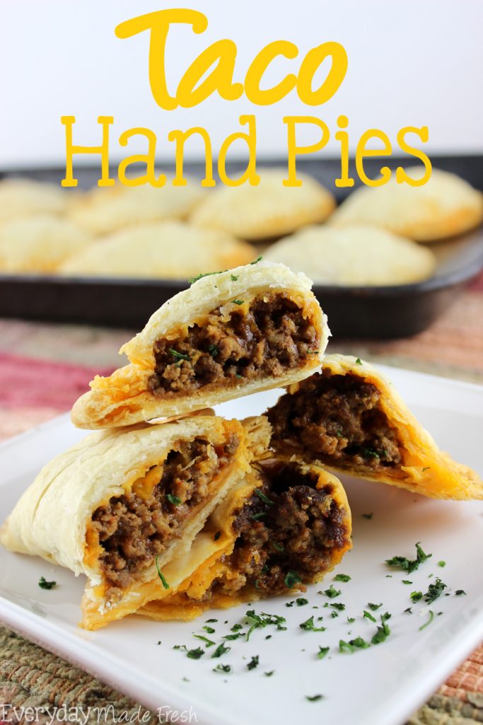 hese savory hand pies are the perfect portable snack, lunch, or dinner. Store bought pie dough make these Taco Hand Pies easy! | EverydayMadeFresh.com