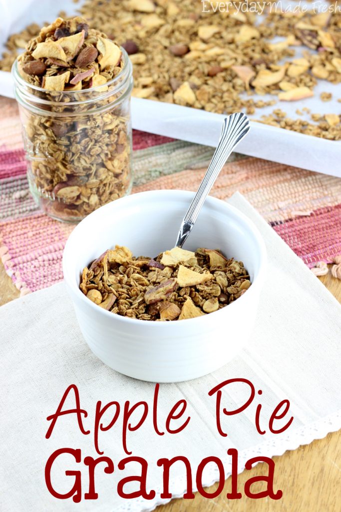 Sweetened with maple Syrup, and featuring warm cinnamon, nutmeg, and clove, this will a favorite.Enjoy all the flavors of apple pie in this easy to make Apple Pie Granola! | EverydayMadeFresh.com