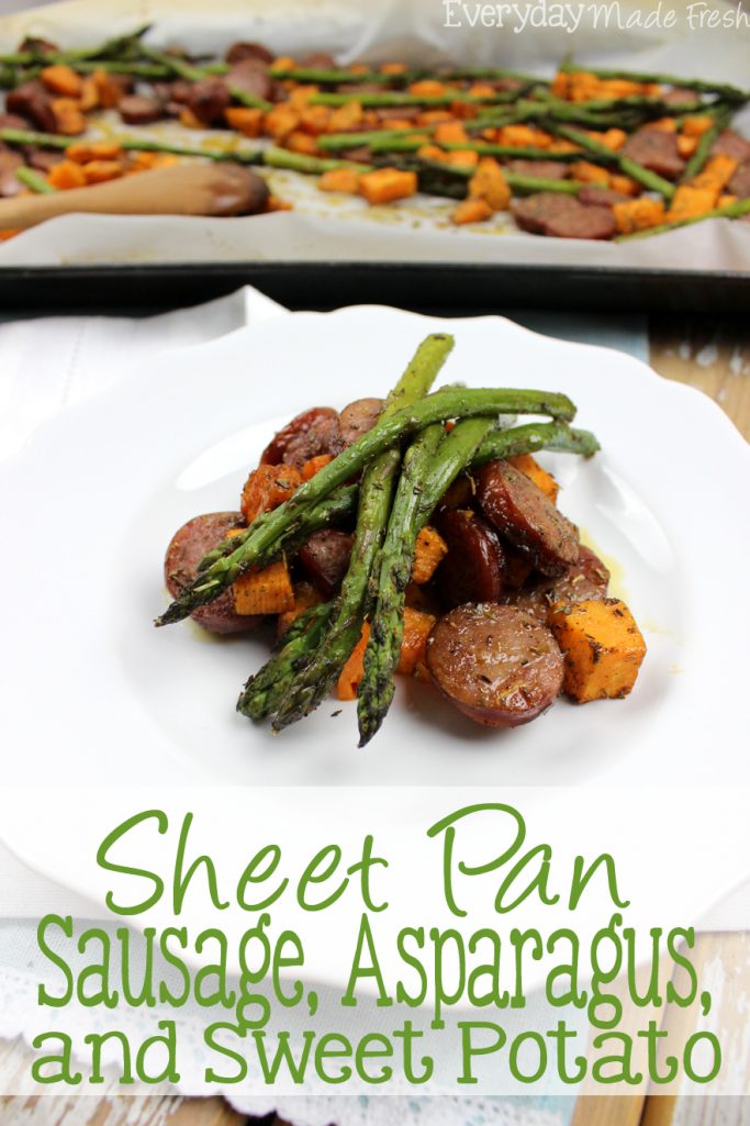 This Sheet Pan Sausage, Asparagus, and Sweet Potato is ready in less than 20 minutes. Flavor packed with herbs, it's a healthy meal that is perfect any night of the week. | EverydayMadeFresh.com