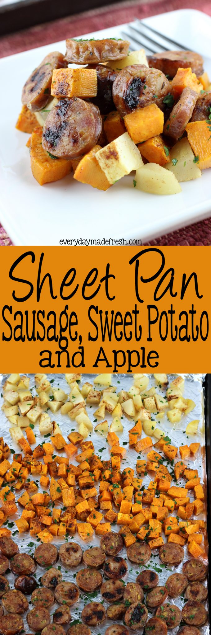 Sheet Pan Sausage, Sweet Potato, and Apple is a no fuss, quick dinner to enjoy any night of the week! All you need is a few simple ingredients. | EverydayMadeFresh.com