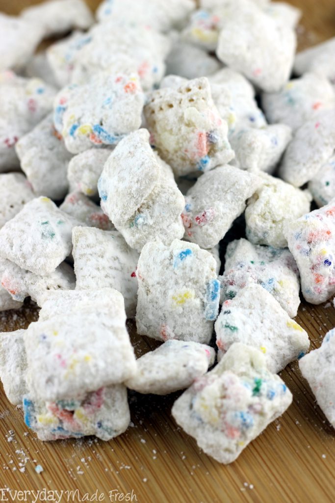 Vanilla Funfetti Puppy Chow is the ideal snack when you're craving something sweet and crunchy! | EverydayMadeFresh.com