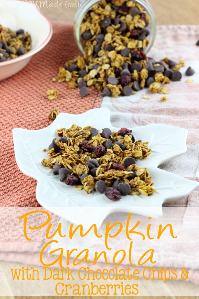 Granola has never tasted more like fall! This Pumpkin Granola with Dark Chocolate Chips & Cranberries is spiced with all the right spices and sweetened with maple syrup. | EverydayMadeFresh.com