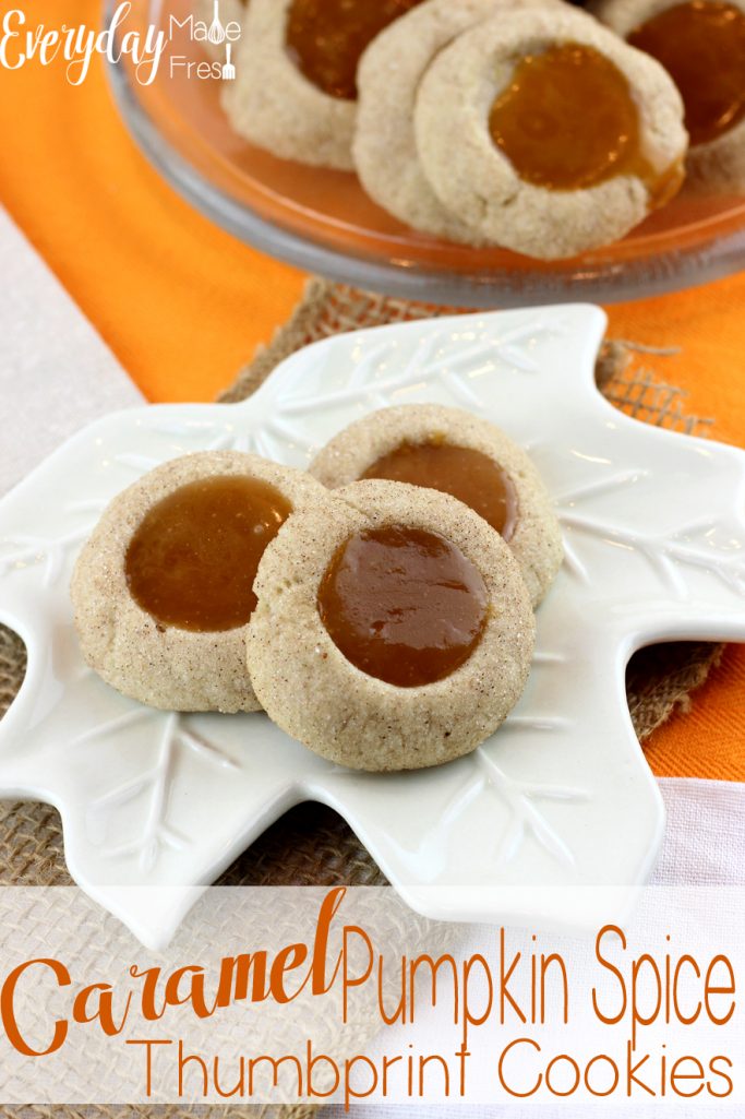 These Caramel Pumpkin Spice Thumbprint Cookies are simple to make and perfect for pumpkin spice lovers! What makes these even better is the simple homemade caramel centers! | EverydayMadeFresh.com