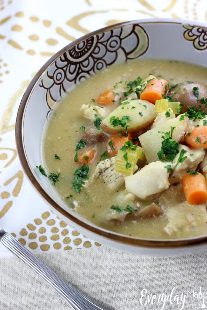 Warm and hearty, this Chicken Stew is loaded with carrots, potatoes, celery, white wine, and chunks of chicken! | EverydayMadeFresh.com