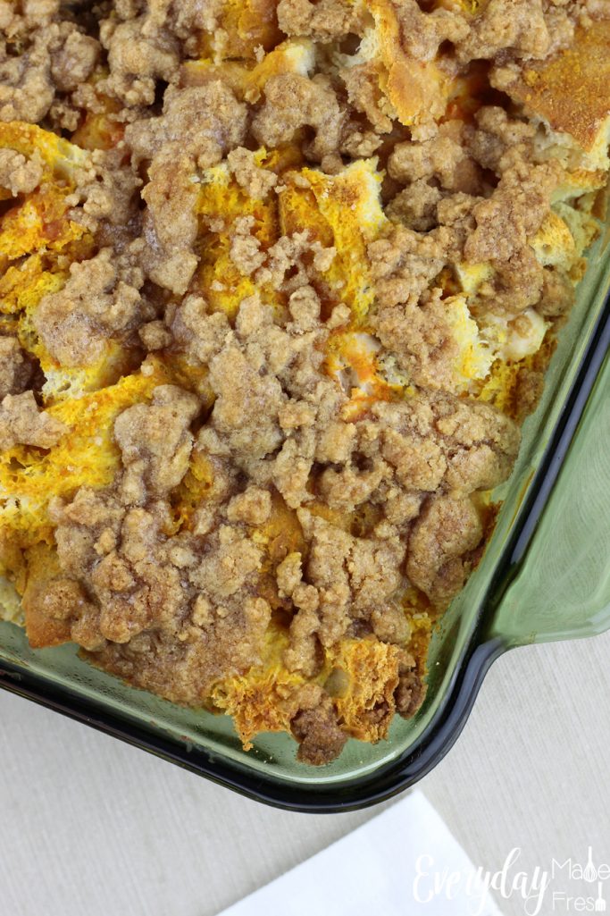 Cinnamon Cream Cheese Stuffed Pumpkin French Toast Casserole is the ultimate in breakfast casseroles. It's creamy, sweet, and a holiday breakfast staple. | EverydayMadeFresh.com