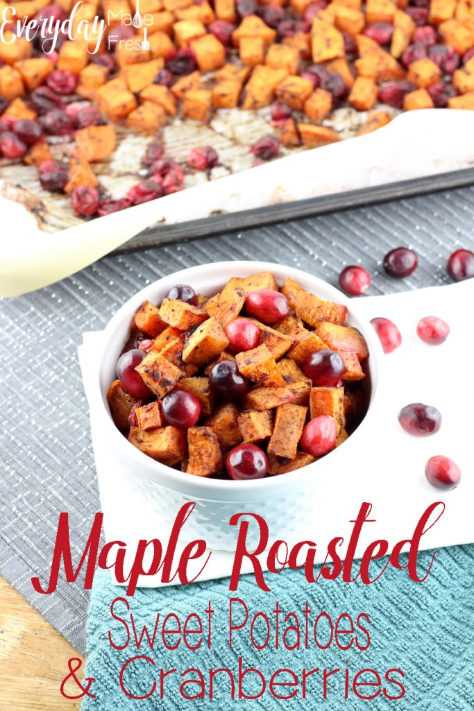 What could make sweet potatoes even better? Maple, cinnamon, and cranberries! This Maple Roasted Sweet Potatoes and Cranberries is the perfect side any day of the week. | EverydayMadeFresh.com