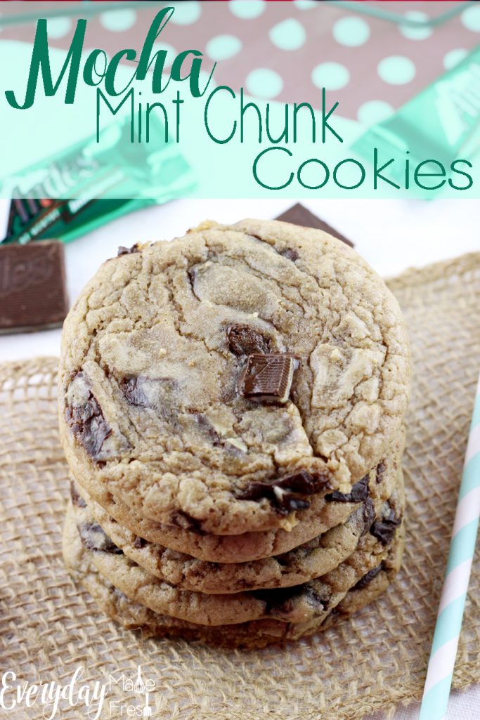Hints of coffee, chunks of chocolate mint candies, and a chewy texture that will have you coming back for more. These Mocha Mint Chocolate Chunk Cookies are one of my personal favorites! | EverydayMadeFresh.com