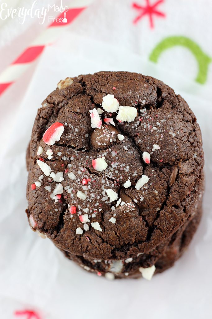 Double the chocolate in these Peppermint Chocolate Chip Chocolate Cookies. Made with soft peppermints, and chocolate on chocolate, these are for the serious mint chocolate lovers! | EverydayMadeFresh.com