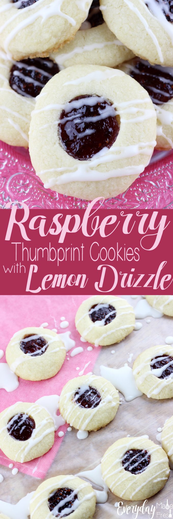 Buttery and soft, sweet and tart, these cookies have it all! These Raspberry Thumbprint Cookies with Lemon Drizzle are simple to make and perfect for any occasion! | EverydayMadeFresh.com