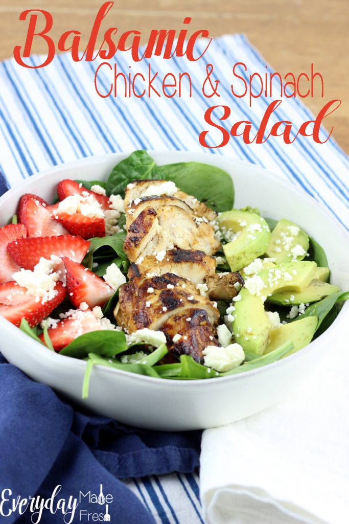This healthy Balsamic Chicken & Spinach Salad is made with a simple homemade dressing that's mixed together in no time. The feta and strawberries pair so perfectly with it. | EverydayMadeFresh.com