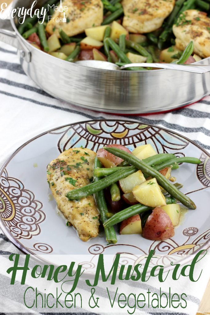 This Honey Mustard Chicken and Vegetables is made in one pan, with a sweet and tangy sauce that pairs perfectly with the green beans and potatoes. It's a family pleasing meal that makes for the perfect complete meal. | EverydayMadeFresh.com