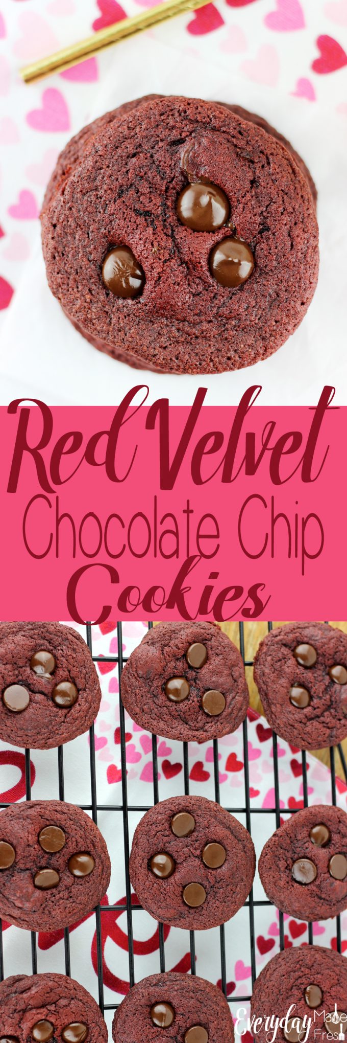 Just in time for Valentine's Day, these Red Velvet Chocolate Chip Cookies are rich, and loaded with dark chocolate chips! | EverydayMadeFresh.com