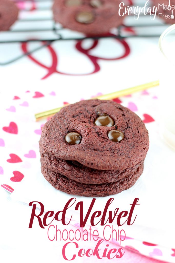 Just in time for Valentine's Day, these Red Velvet Chocolate Chip Cookies are rich, and loaded with dark chocolate chips! | EverydayMadeFresh.com