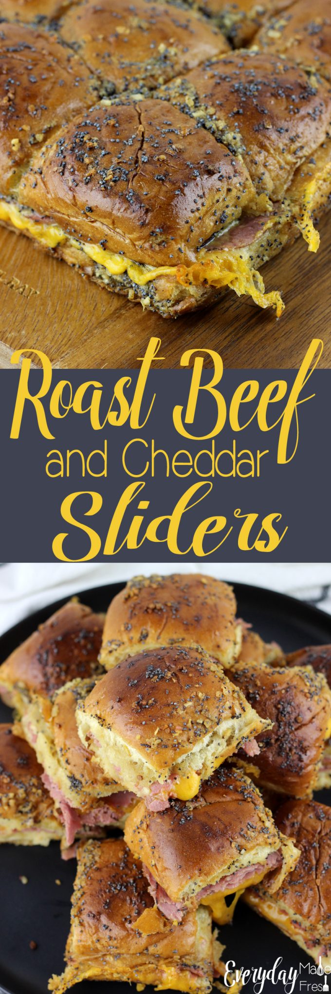 These Roast Beef and Cheddar Sliders are a simple comfort food, perfect for tailgating, holiday party, or event. While the roast beef and cheddar are delicious, the butter topping really sets this one apart from all the others. | EverydayMadeFresh.com