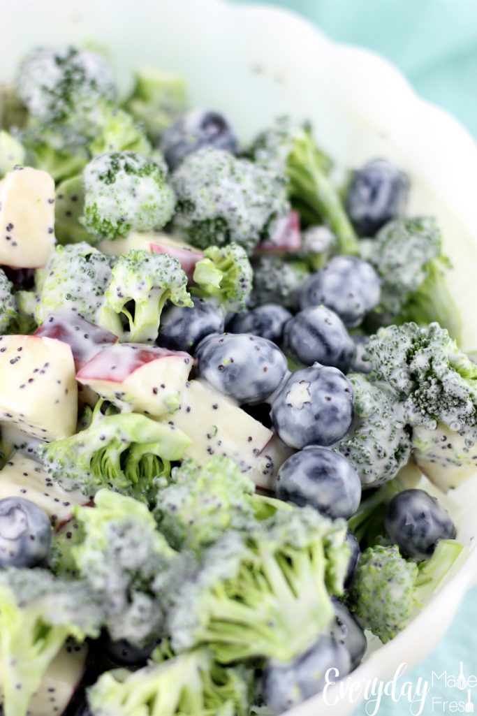 There is nothing skinny tasting about this Skinny Broccoli Salad with a Poppy Seed Dressing! It's loaded with chunks of apples, fresh blueberries, and dressed in a poppy seed dressing that's been sweetened with honey. | EverydayMadeFresh.com