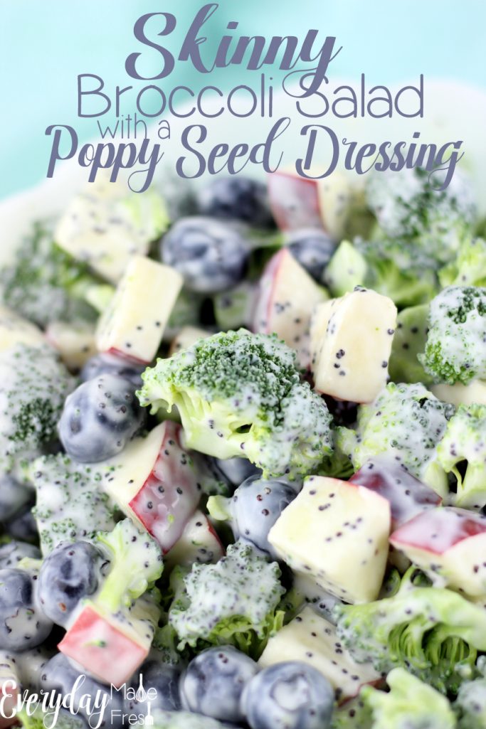 There is nothing skinny tasting about this Skinny Broccoli Salad with a Poppy Seed Dressing! It's loaded with chunks of apples, fresh blueberries, and dressed in a poppy seed dressing that's been sweetened with honey. | EverydayMadeFresh.com