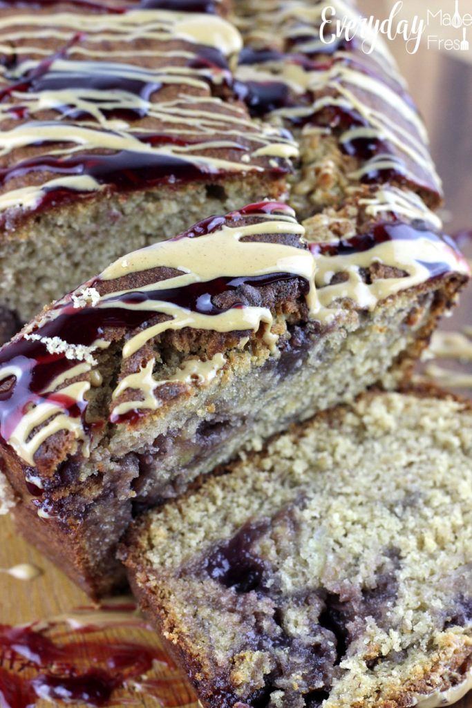 A classic childhood favorite with a new twist; this Peanut Butter & Jelly Banana Bread is going to quickly become your favorite! | EverydayMadeFresh.com