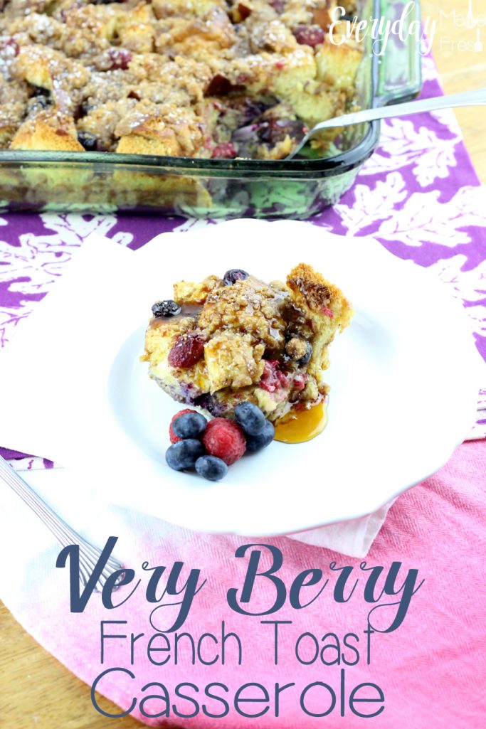 This make ahead Very Berry French Toast Casserole combines raspberries and blueberries for the ultimate burst of flavor.  | EverydayMadeFresh.com
